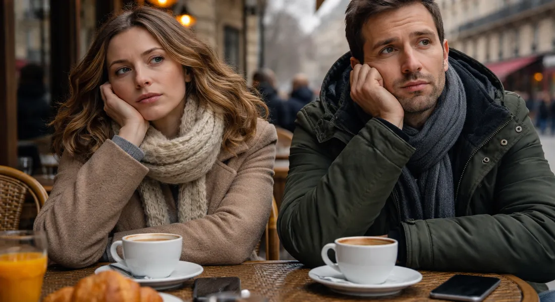 Couple désabusé en terrasse d'un café