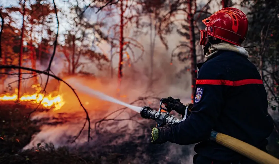 Pompier qui combat un feu de forêt