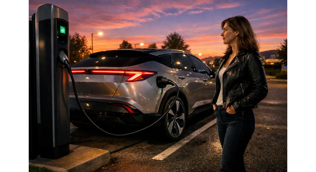 Une femme regarde sa voiture charger