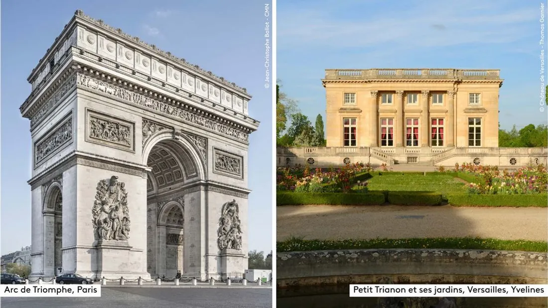 Le Petit Trianon et ses jardin à Versailles, dans les Yvelines, et l'Arc de Triomphe à Paris