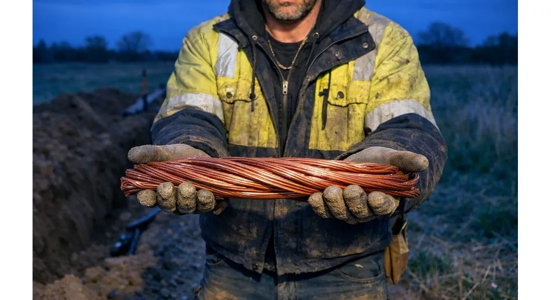 Homme tenant un câble en cuivre