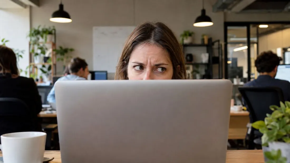 Femme assise au bureau, travail, ordinateur, emploi, frustration