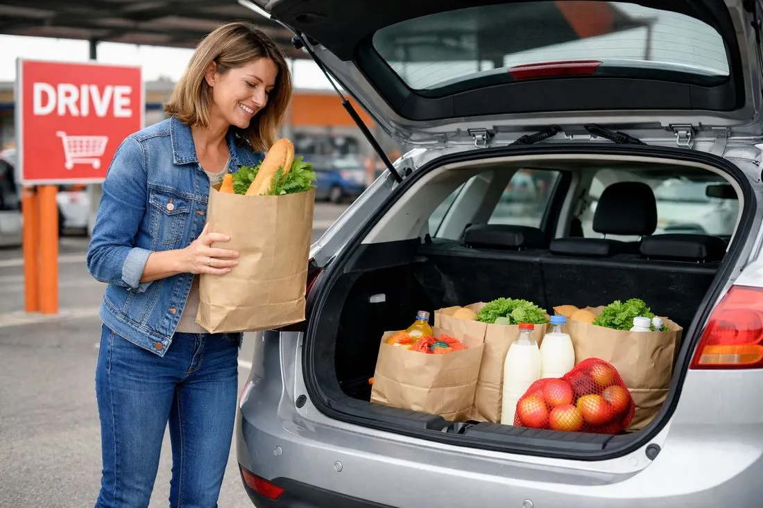 Femme récupérant ses courses au drive