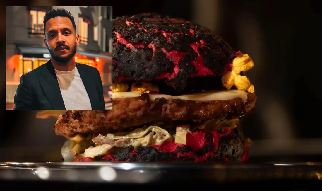 Matthias Carré et un burger de sa création