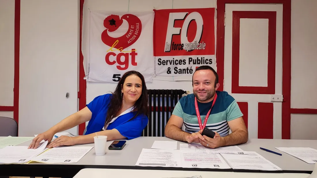 Meryame El Hamdaoui, aide-soignante (CGT) et Maxime Lebigot, infirmier (FO) 