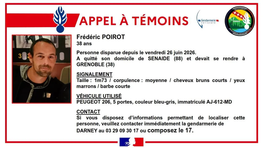 Un appel à témoins est lancé par la gendarmerie des Vosges pour retrouver Frédéric Poirot