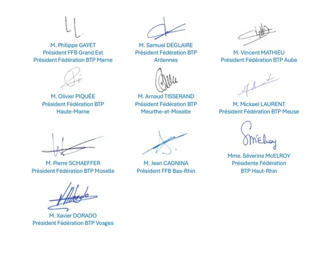 Les 11 Fédération du Bâtiment du Grand Est ont signé ce communiqué