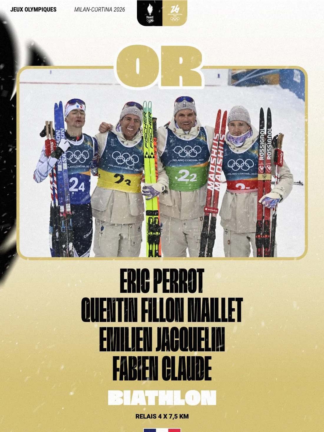 Il s’agit de la première médaille d’or olympique française en relais masculin en biathlon.