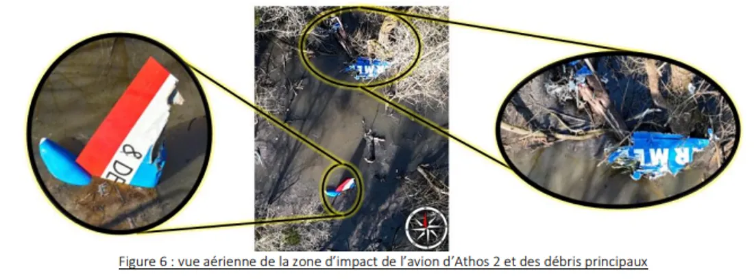 Débris de l'avion Athos 2 en vue aérienne