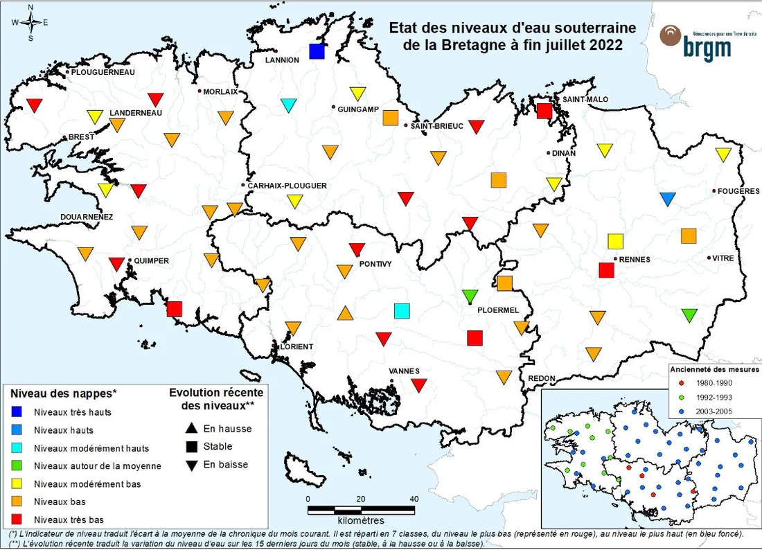 Le niveau des eaux souterraines dans la région Bretagne en juillet 2022. 