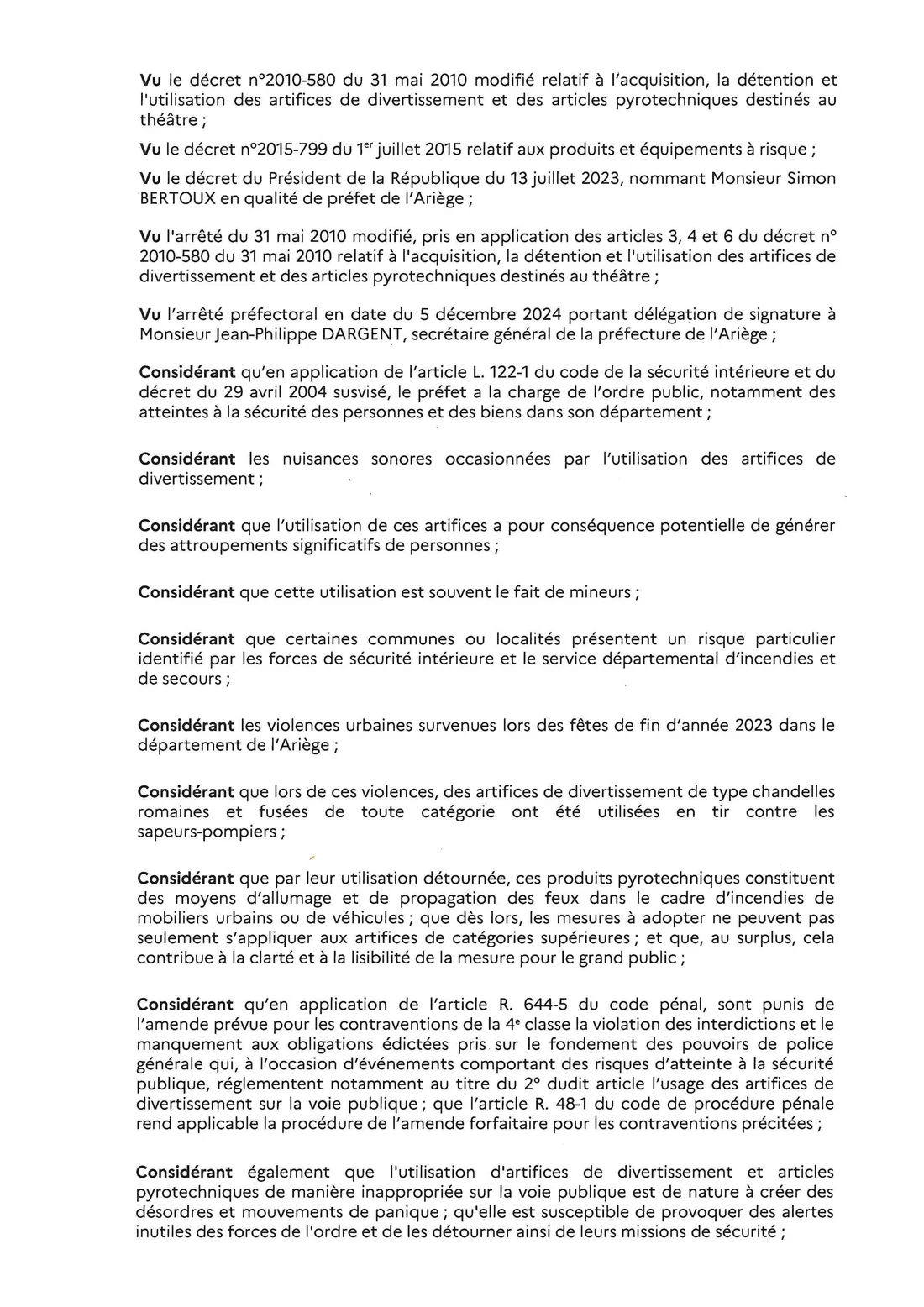Ariège  interdiction des artifices pour les fêtes.