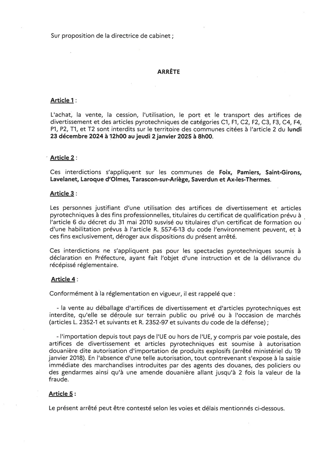 Ariège  interdiction des artifices pour les fêtes.