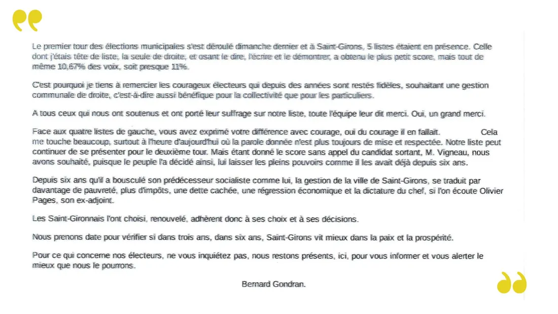 Communiqué de Bernard Gondran