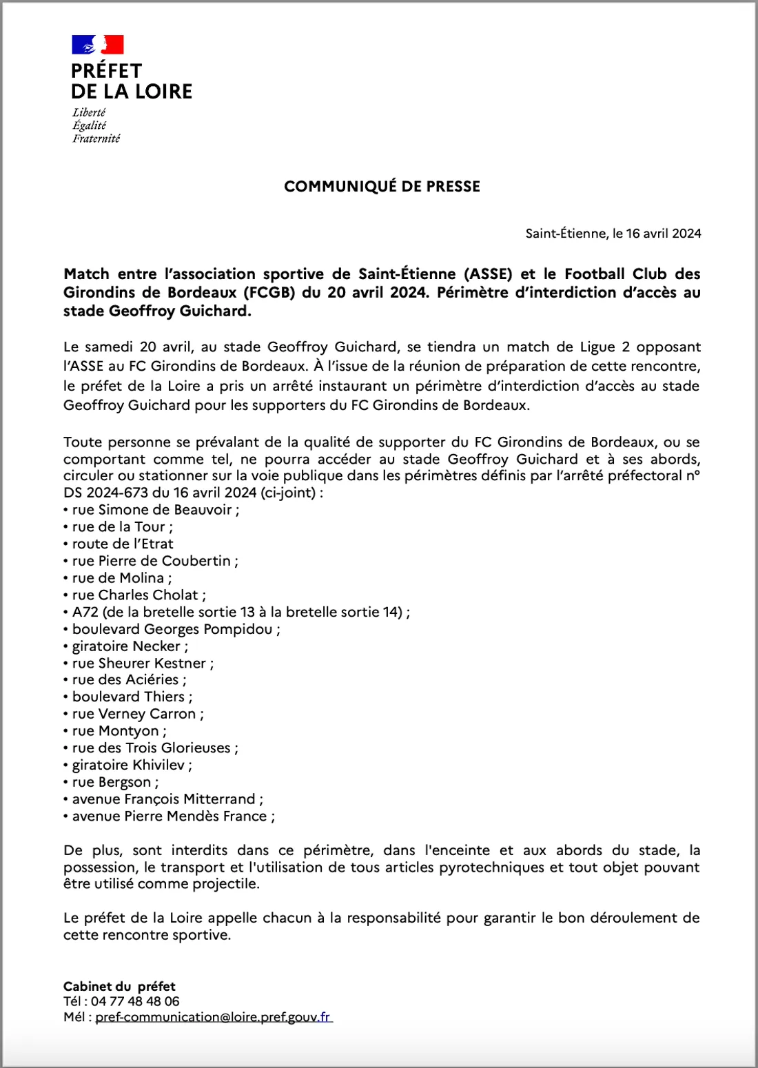 L'arrêté préfectoral interdisant le déplacement des Girondins