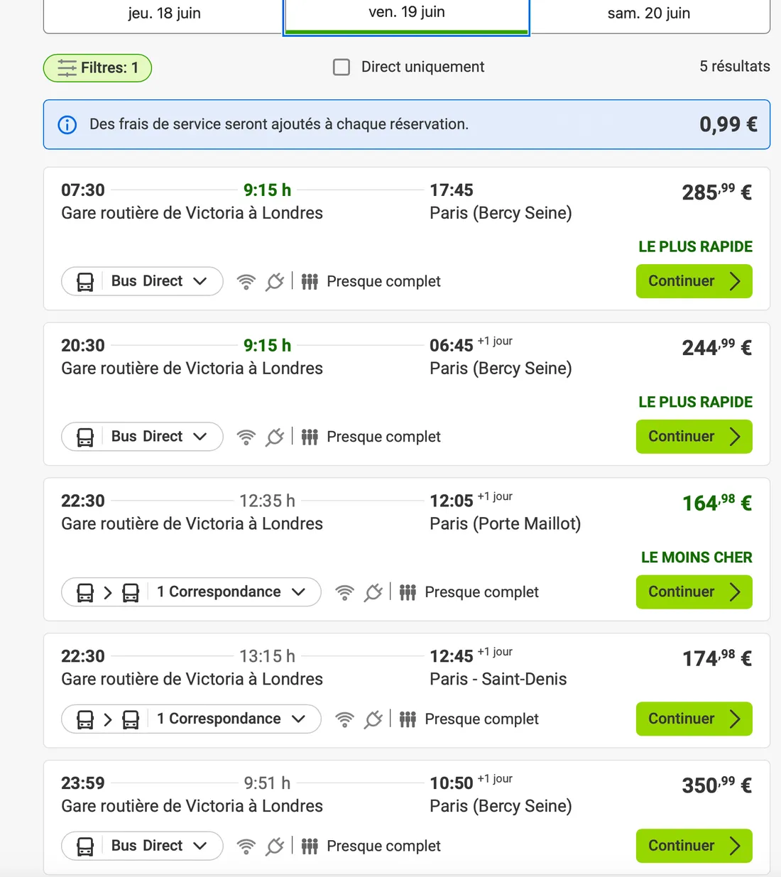 Prix des billets de cars FlixBus Londres-Paris pour le 19 Juin 2026.