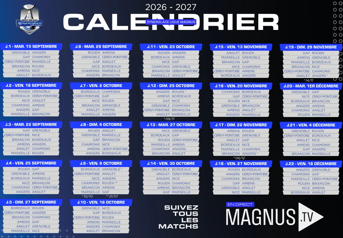 Calendrier saison 2026/2027 Ligue Magnus hockey sur glace