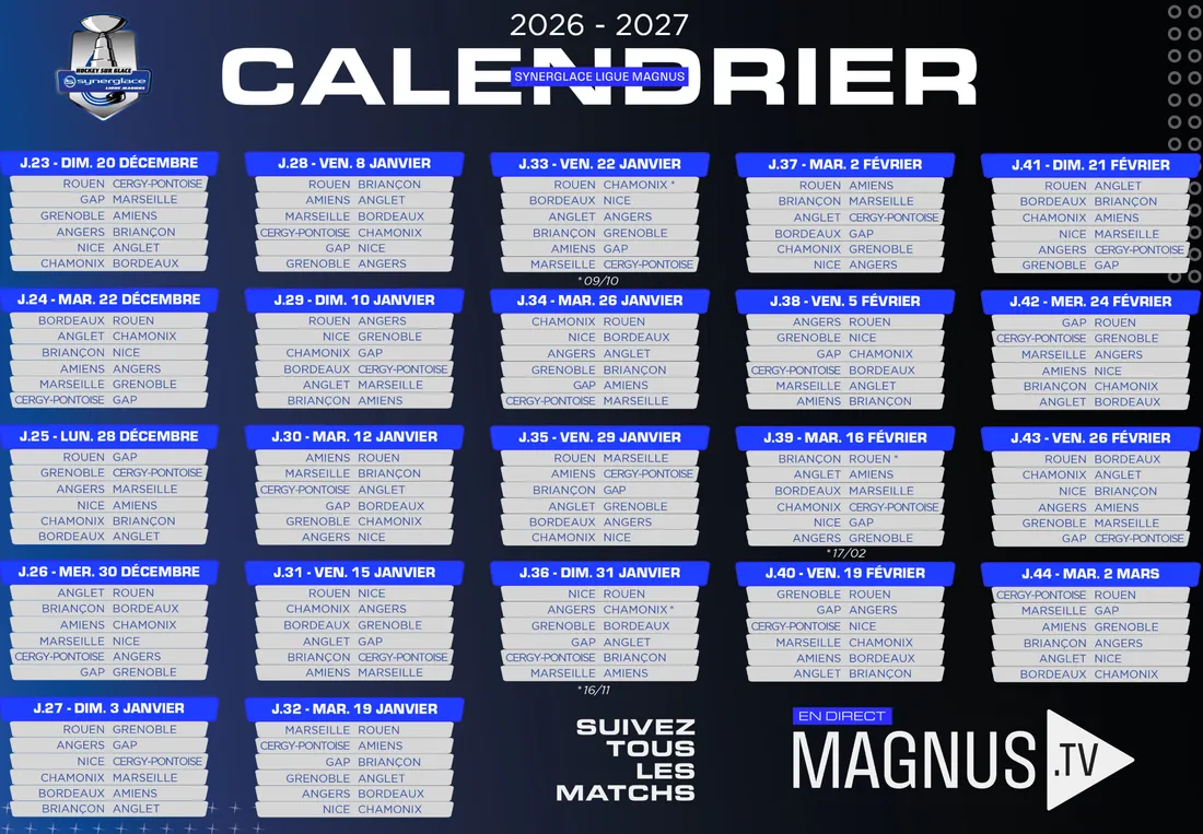 Calendrier saison 2026/2027 Ligue Magnus hockey sur glace