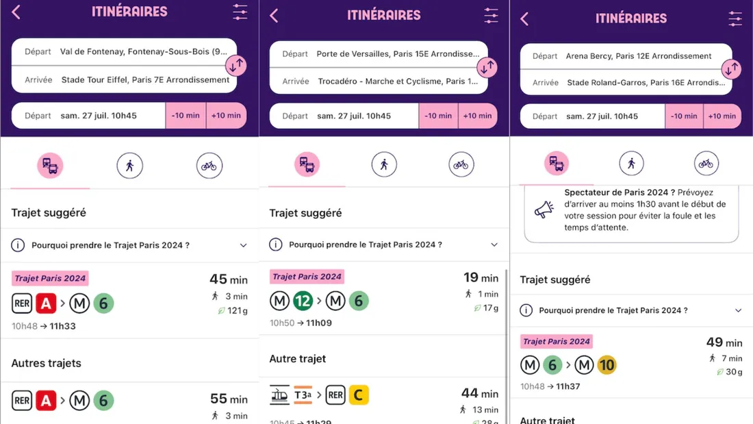 Capture d'écran de l'application "Transport public Paris 2024" 