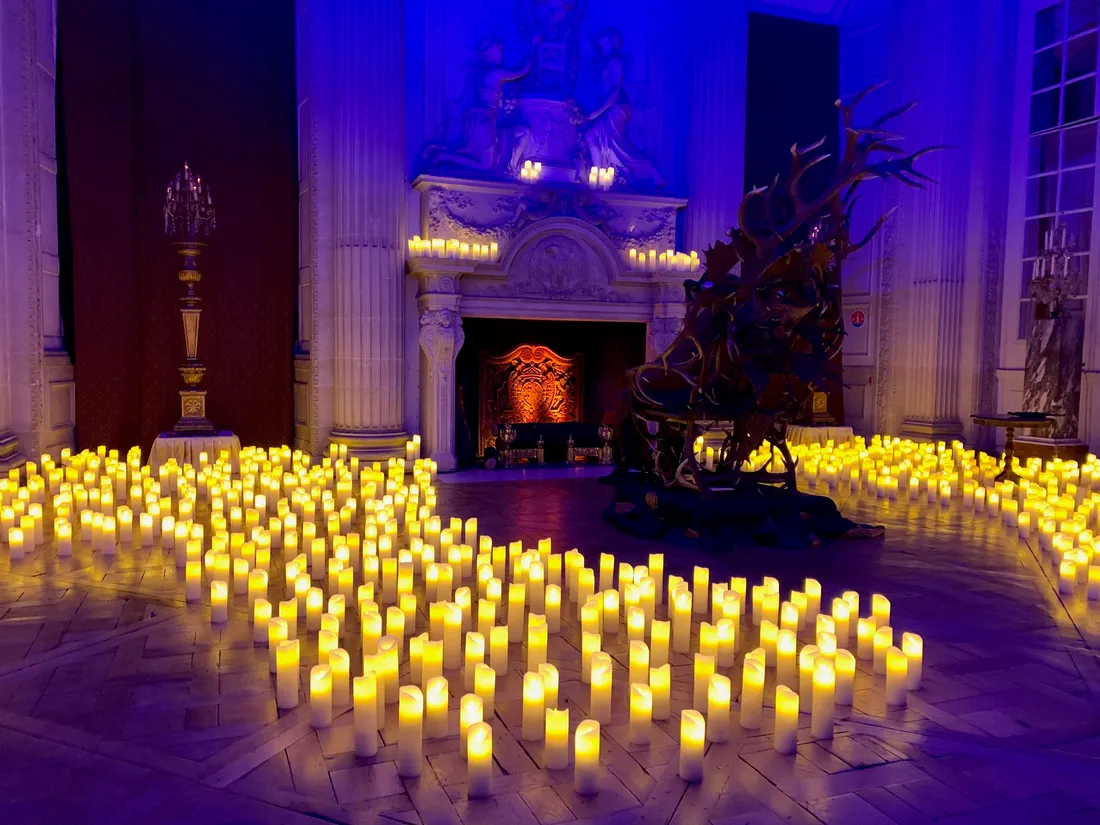 La Bête fait face à la cheminée, dans son impressionnant trône en bois.