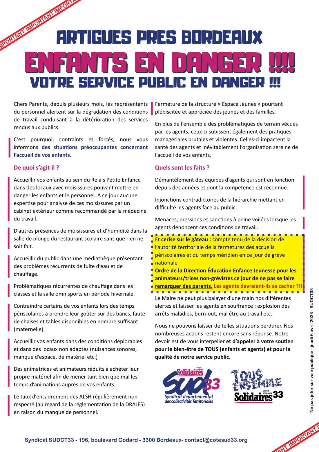 Le tract distribué par SUD CT 33