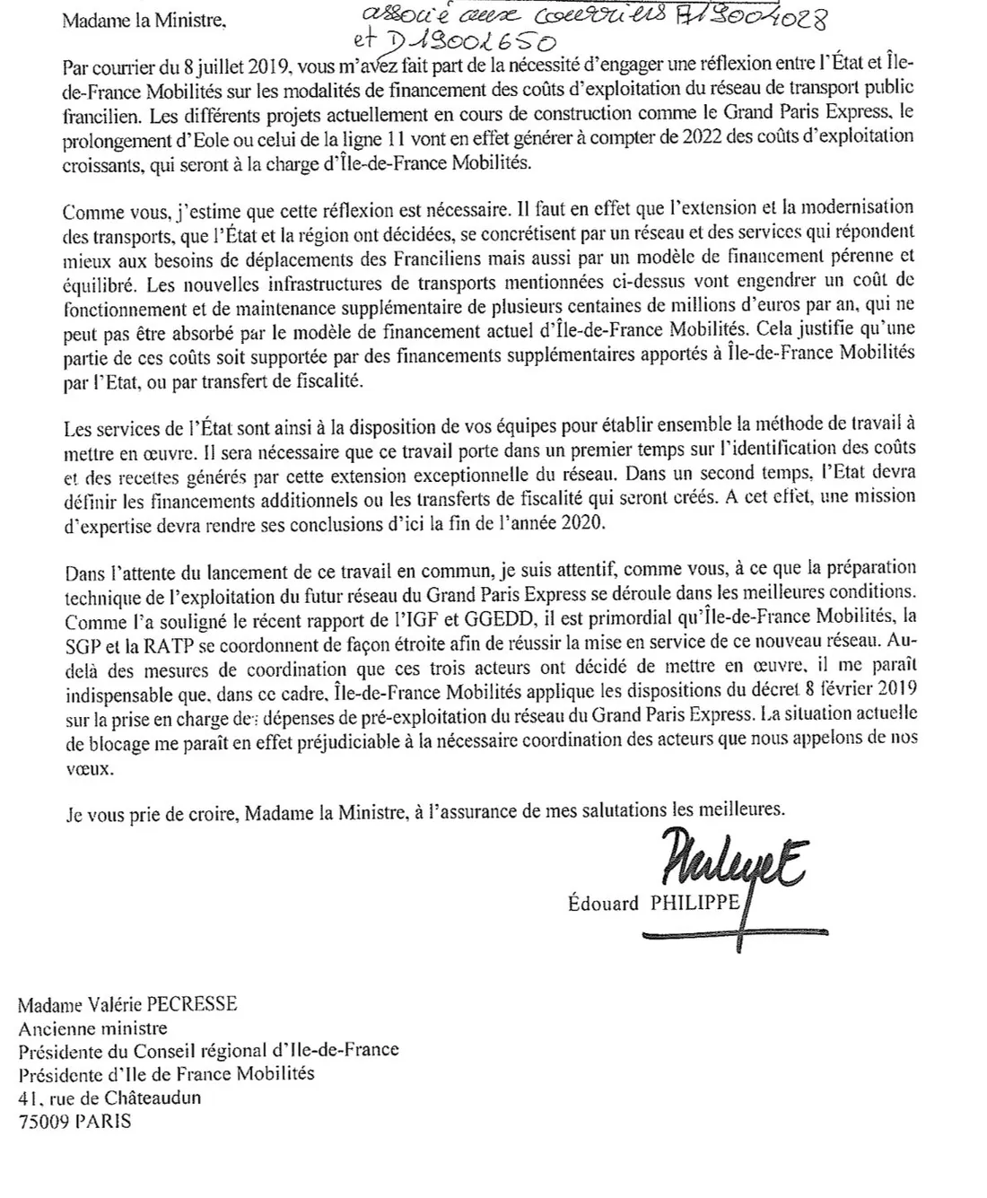La lettre envoyée par Edouard Philippe en janvier 2020 à Valérie Pécresse. 