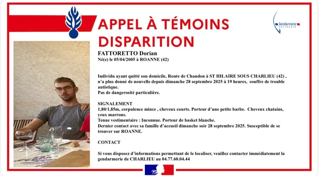 Dorian Fattoretto n'a plus donné de nouvelle depuis dimanche 28 septembre 19 heures.