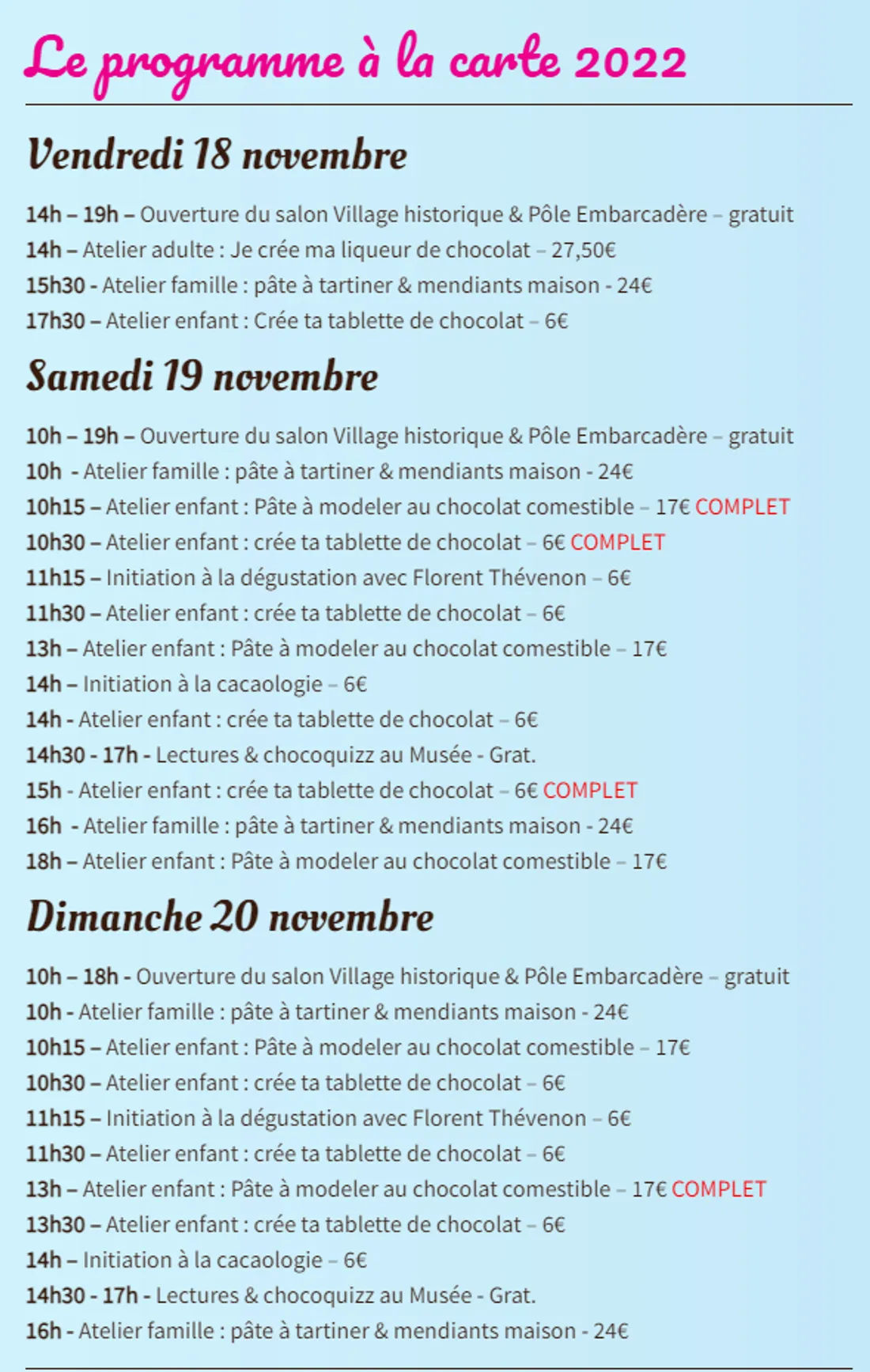 le programme des animations