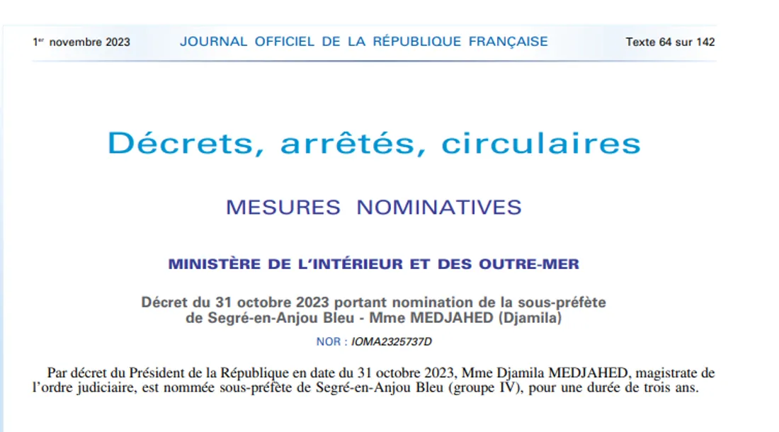 Nomination Djamila Medjahed_06 11 23_Capture d'écran Légifrance