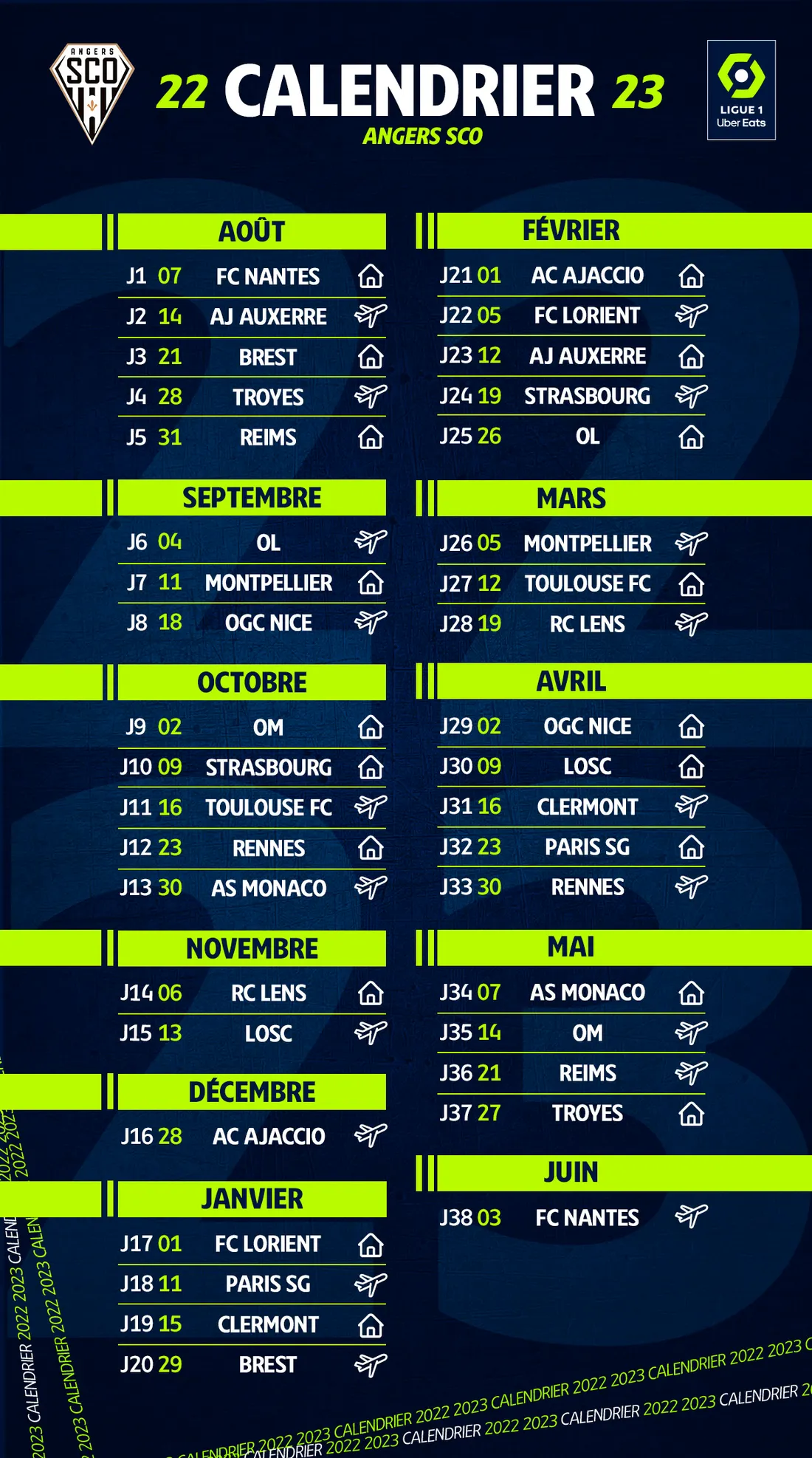 Le calendrier d'Angers Sco.