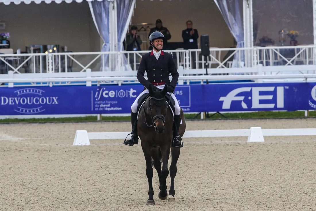 La joie de Nicolas Touzaint après son dressage.