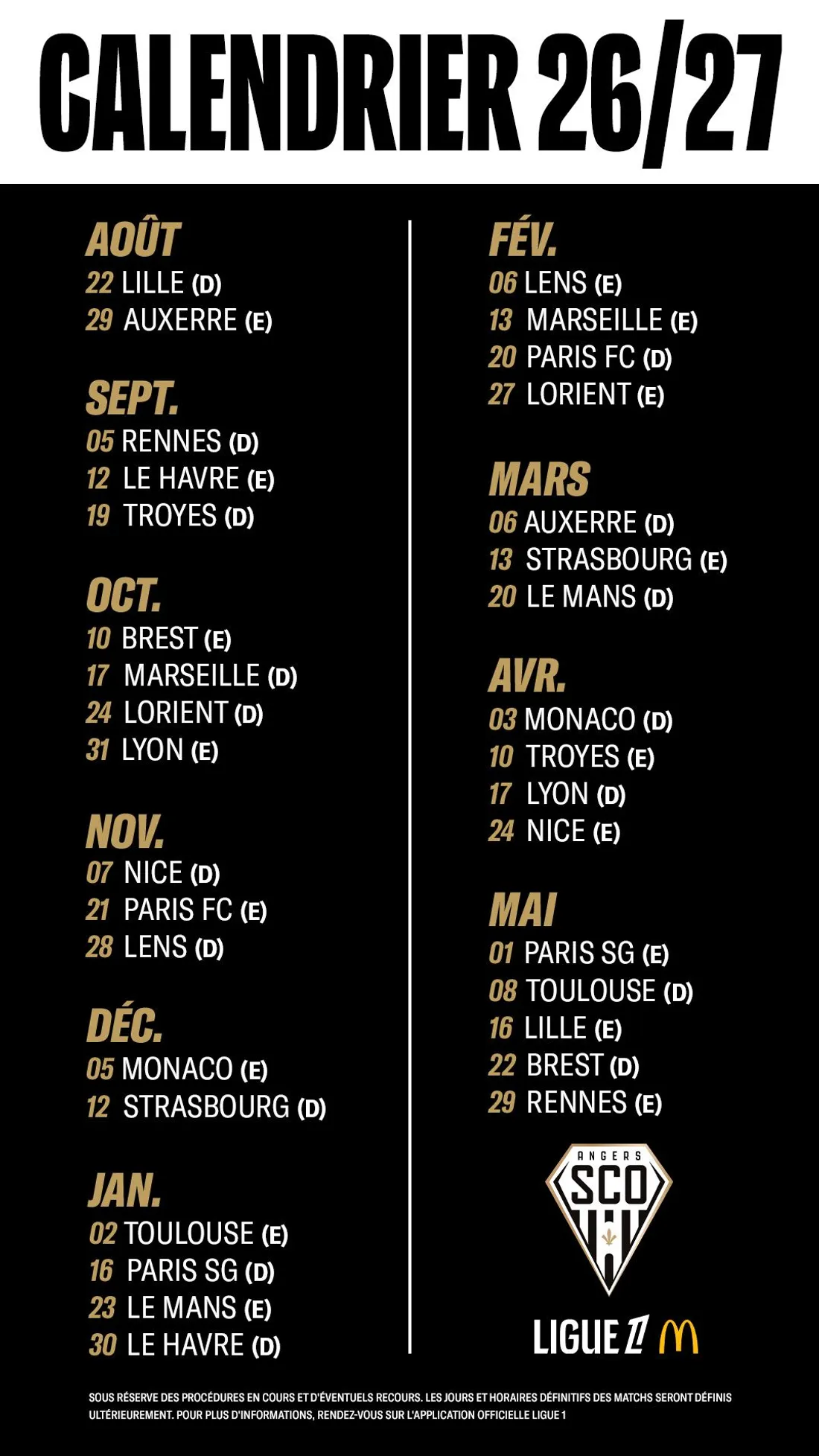 Le calendrier de la saison d'Angers Sco.