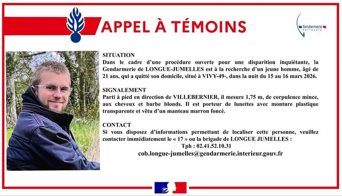 avis disparition inquiétante Longué Jumelles_16 03 26_Gendarmerie du Maine et Loire