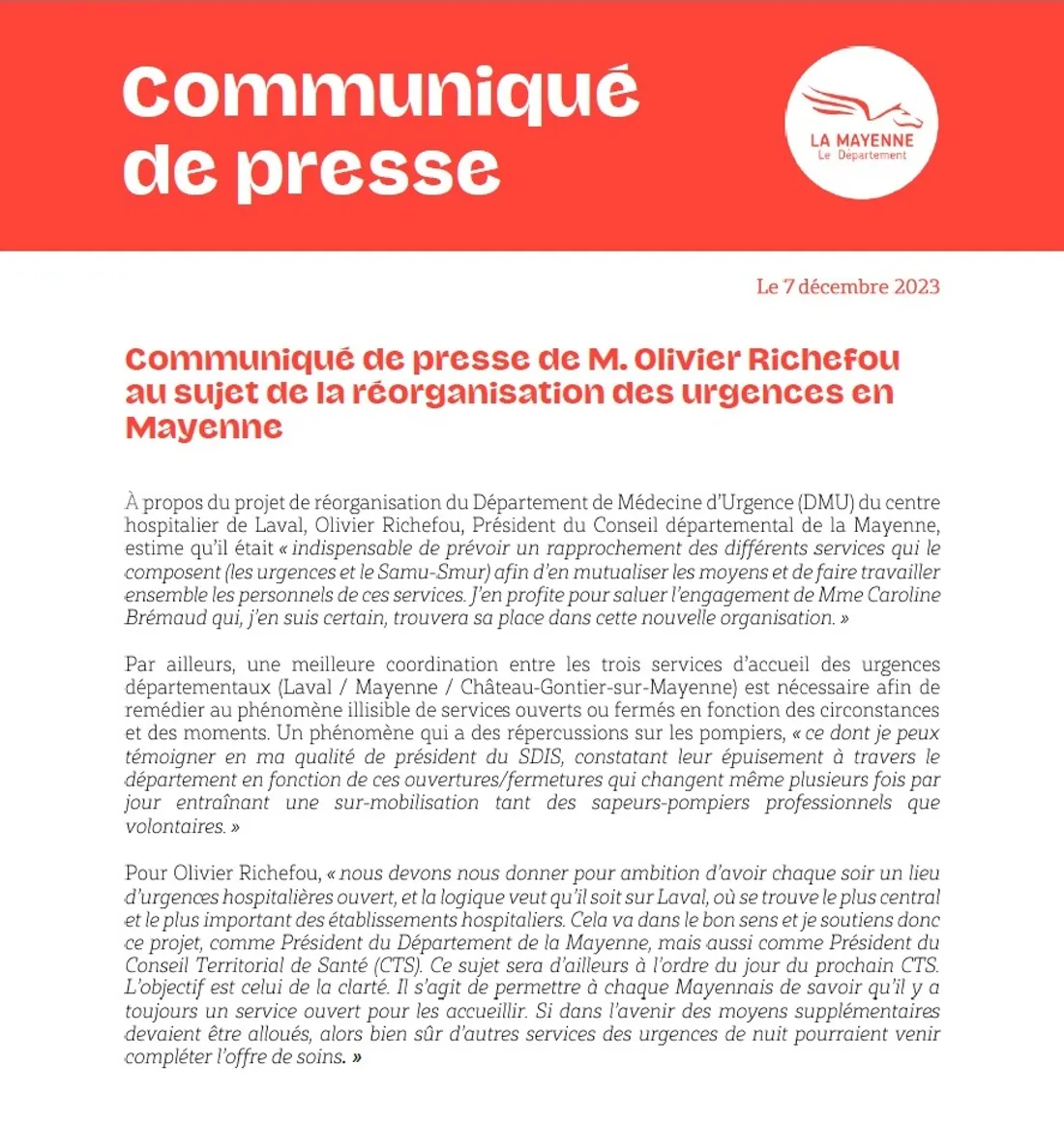 communiqué CD 53 urgences 07 12 23