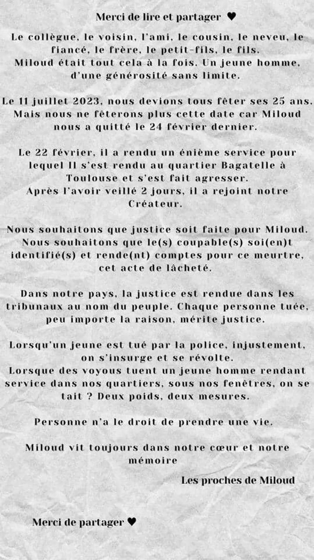 Publication facebook des proches de Miloud