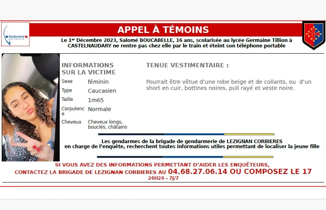 Un appel à témoins lancé pour retrouver Salomé, 16 ans, dans l'Aude