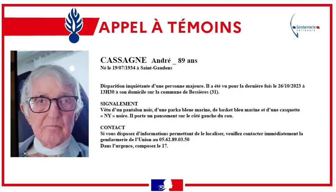 André Cassagne, disapru depuis le 26/10/23 à Bessières