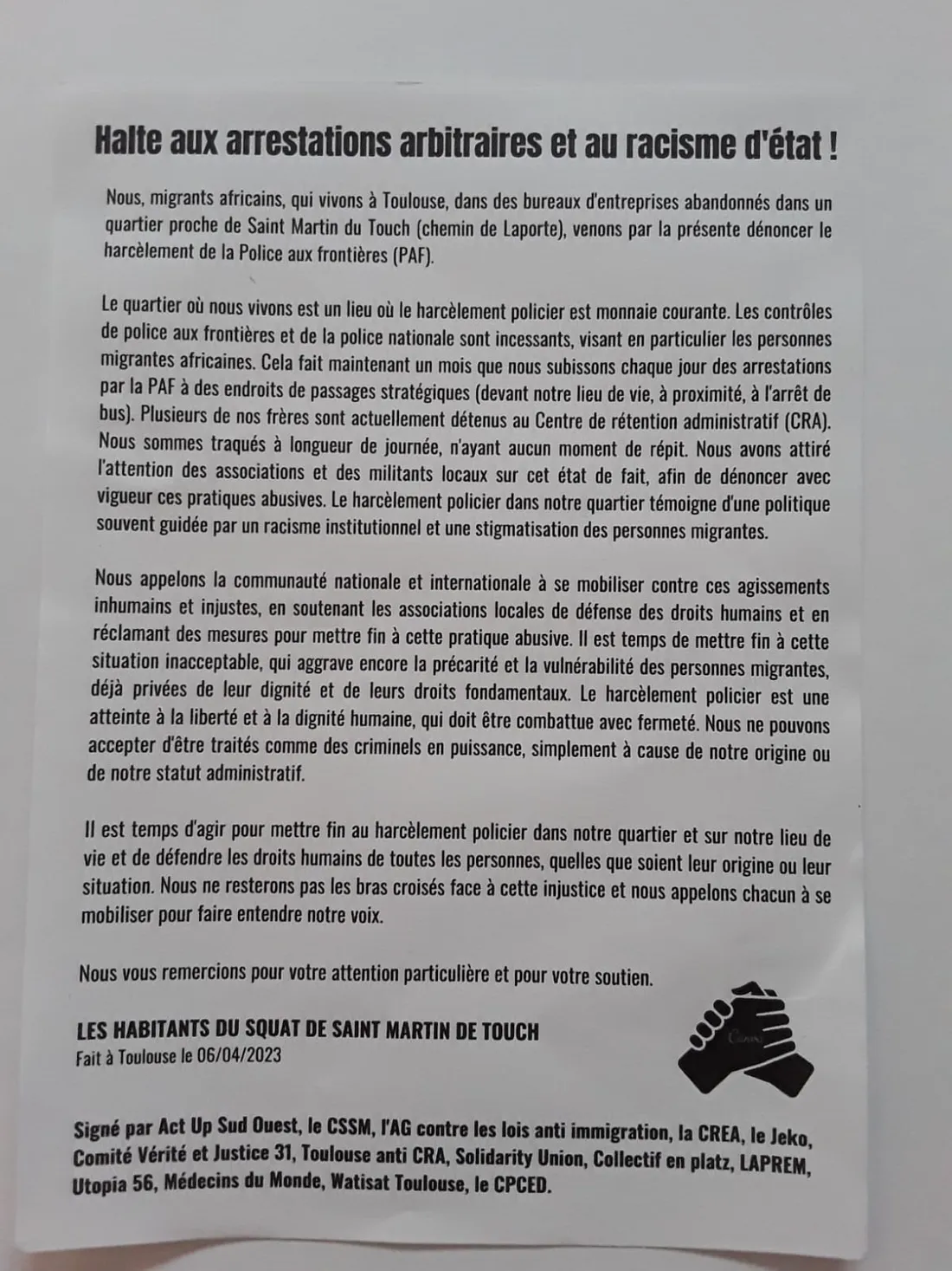 Le tract des associations aidant les migrants