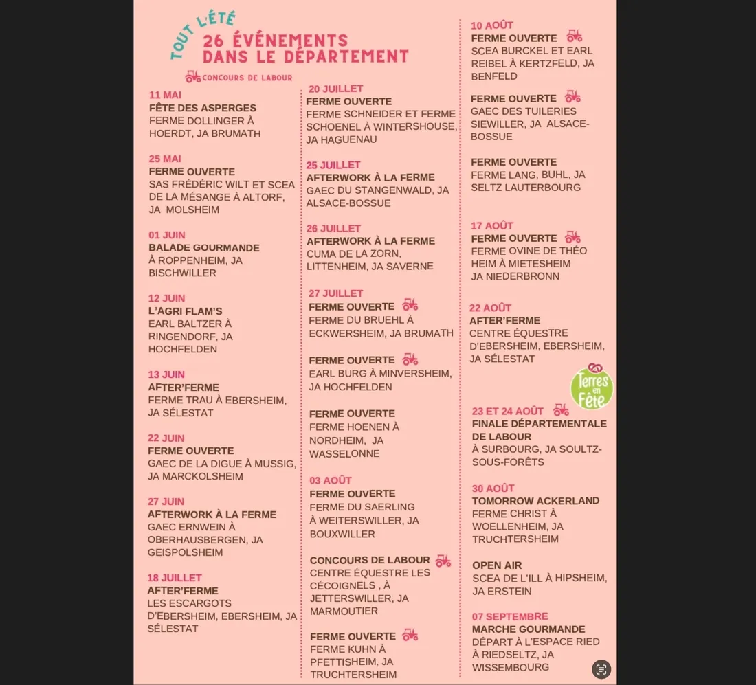 Calendrier des 26 évènements d'été des Jeunes Agriculteurs du Bas-Rhin