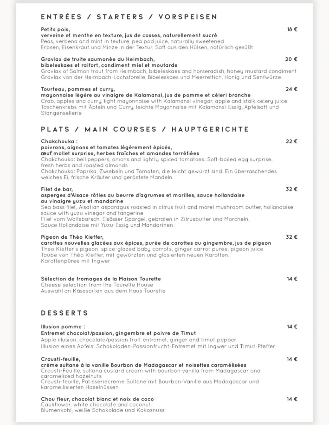 La carte du restaurant Pont tournant à Strasbourg
