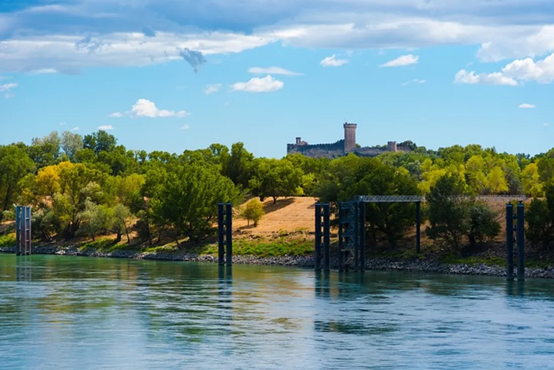 Le Rhône, et en toile de fond, le château de Beaucaire 