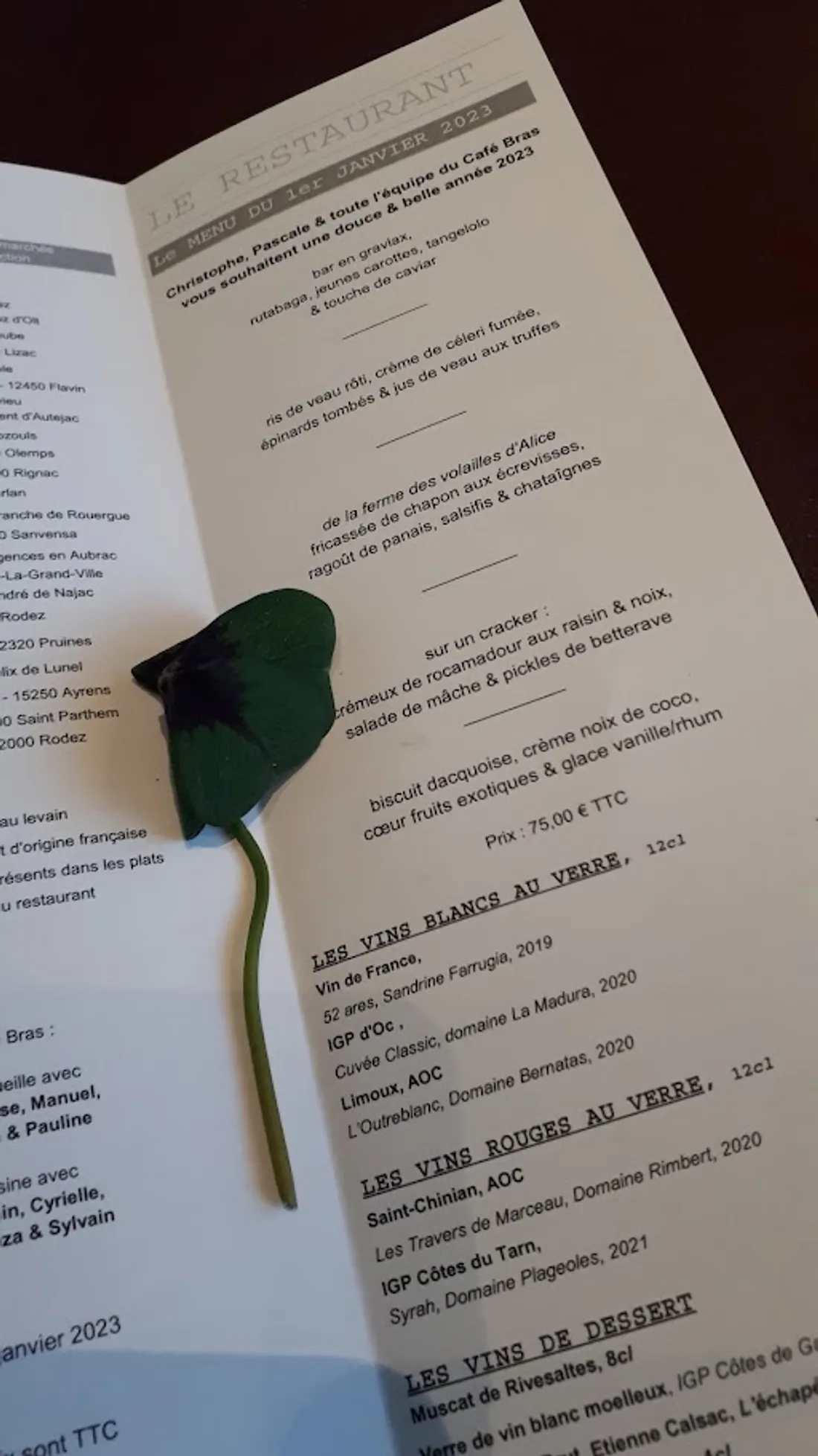 Ris de veau, bar et chapon étaient au menu du Café Bras le 1er janvier 2023.