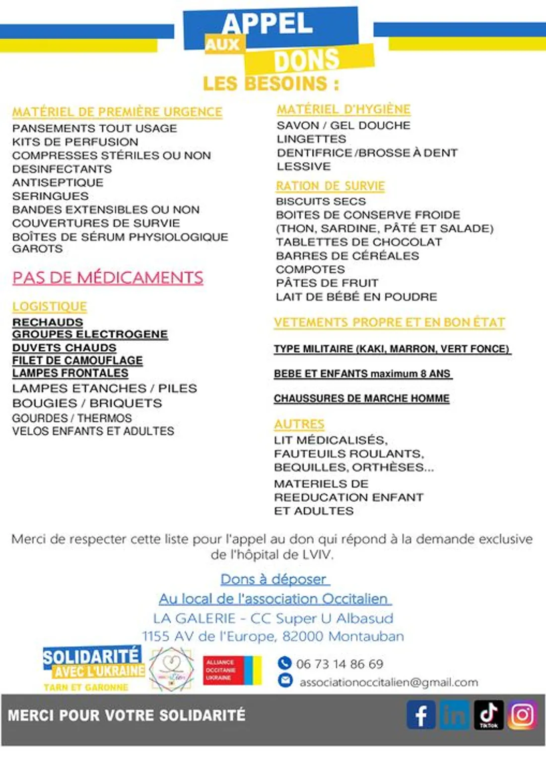 Occitalien - Liste de dons pour le 15e convoi.