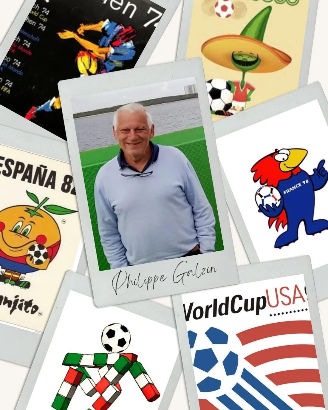 Philippe Galzin et les affiches de coupes du monde de football.