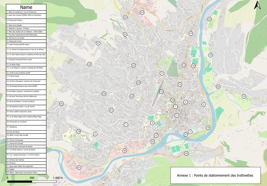 Les points de stationnement des trottinettes en libre-service à Millau (Aveyron)