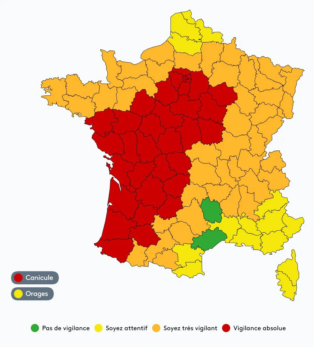 L'ensemble de nos départements sont placés en vigilance. Jaune, orange et rouge