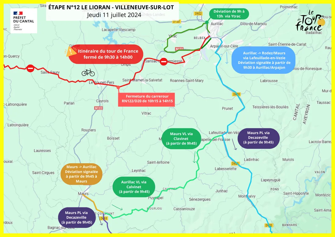 Circulation Tour de France Aurillac jeudi 11 juillet 2024