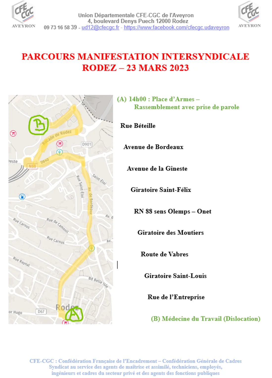 Parcours manifestation Rodez pour 9e journée de mobilisation contre la réforme des retraites