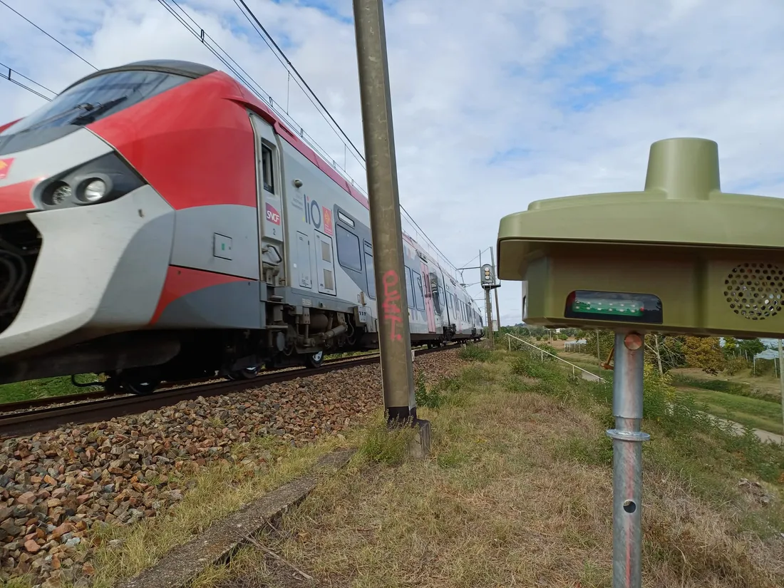 Une des vingt-cinq balises installées le long de la voie ferrée à Moissac.