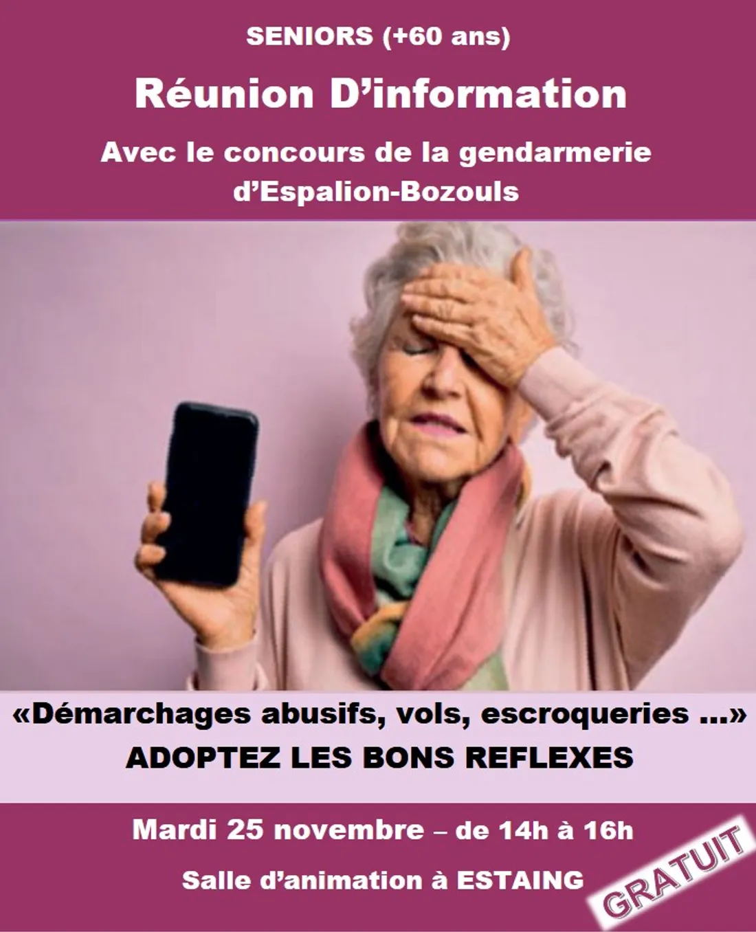 Affice d'une réunion contre les arnaques