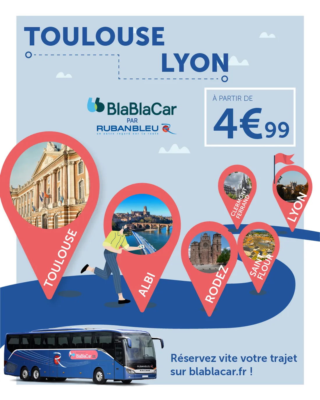 Affiche pour la liaison entre Toulouse et Lyon via Albi, Rodez, Saint-Flour et Clermont-Ferrand.